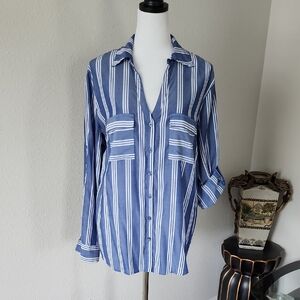 New York & Company Blue and White Striped Button-Up Shirt